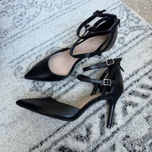 Kelly & Katie Double Ankle Strap Black Leather Stilettos